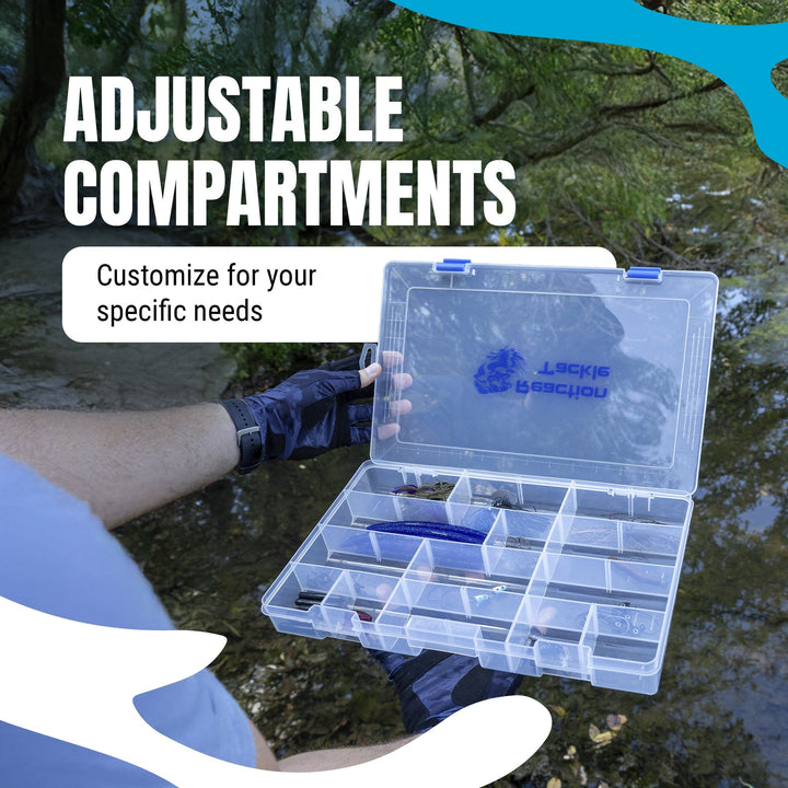 Reaction Tackle basic tackle tray with two secure clips, lightweight and affordable fishing gear storage solution.