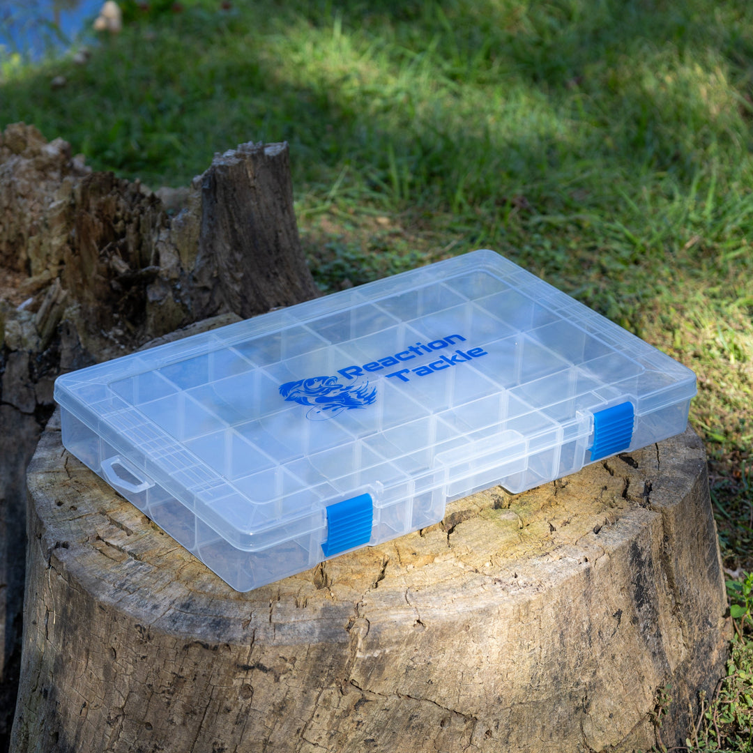 Reaction Tackle Basic Tackle Tray with lightweight design and two secure clips for organized fishing gear storage.