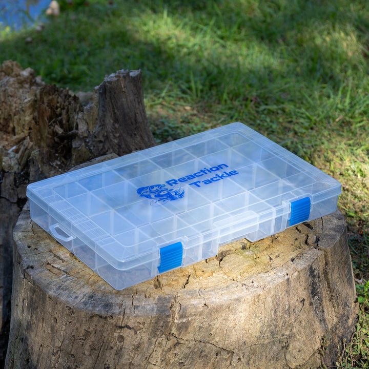 Reaction Tackle Basic Tackle Tray with lightweight design and two secure clips for organized fishing gear storage.