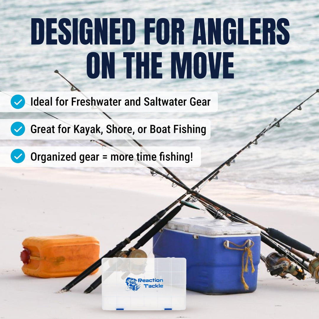 Reaction Tackle basic tackle tray with two secure clips, lightweight design, ideal for organizing fishing tackle gear.