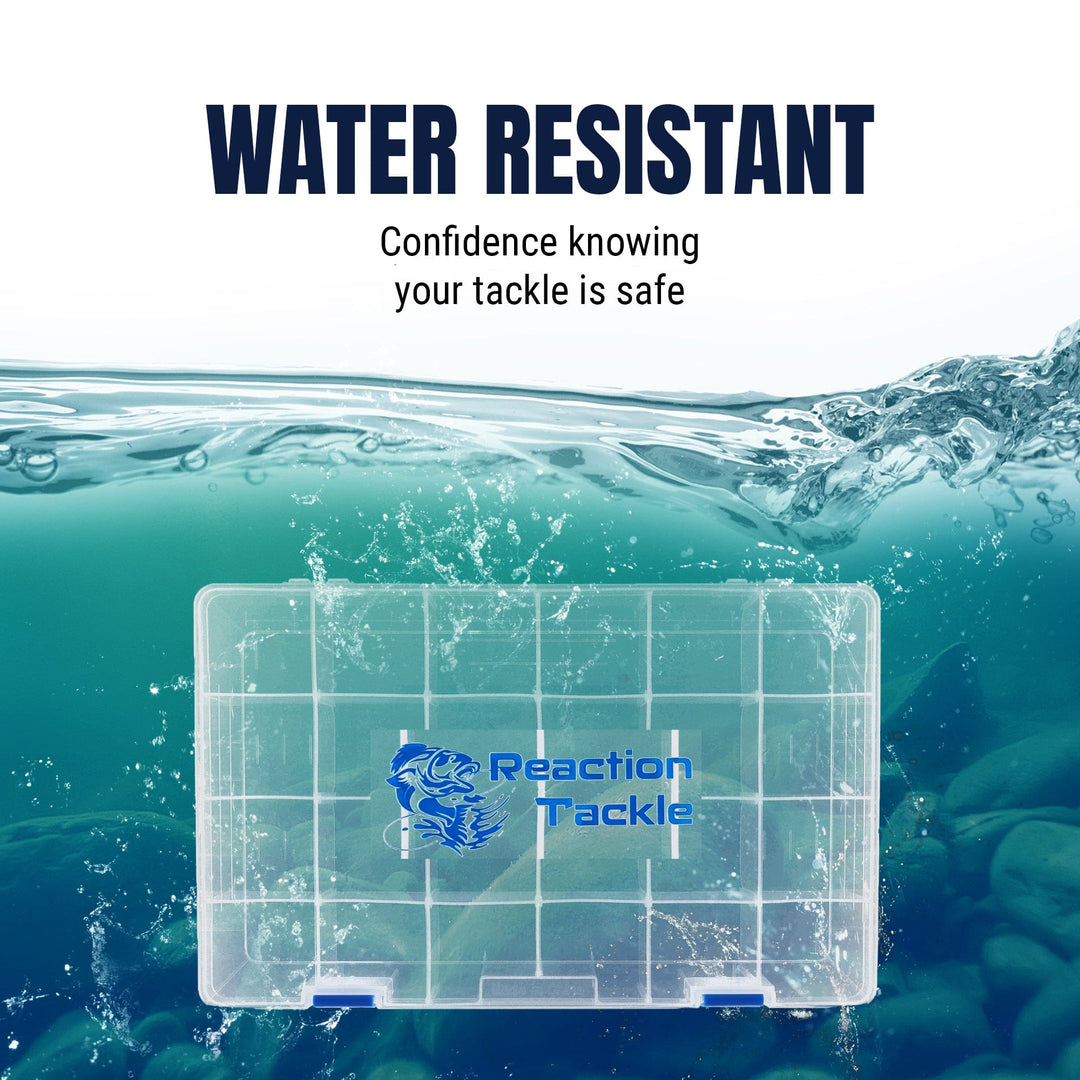 Reaction Tackle basic tackle tray with two secure clips, lightweight and affordable fishing tackle storage solution.