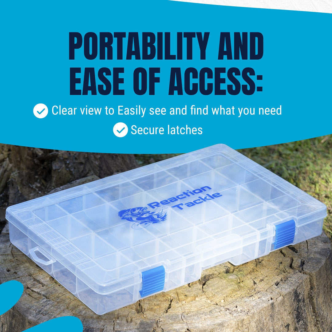 Reaction Tackle basic tackle tray with two secure clips, lightweight and affordable fishing tackle storage solution.