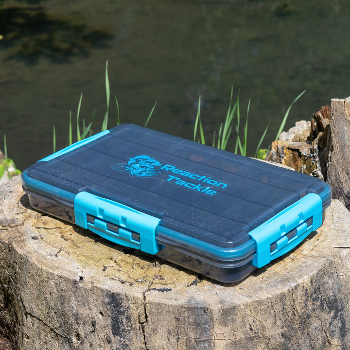 Reaction Tackle Premium Tackle Tray featuring waterproof design and 3 resilient clips for high-performance fishing organization.