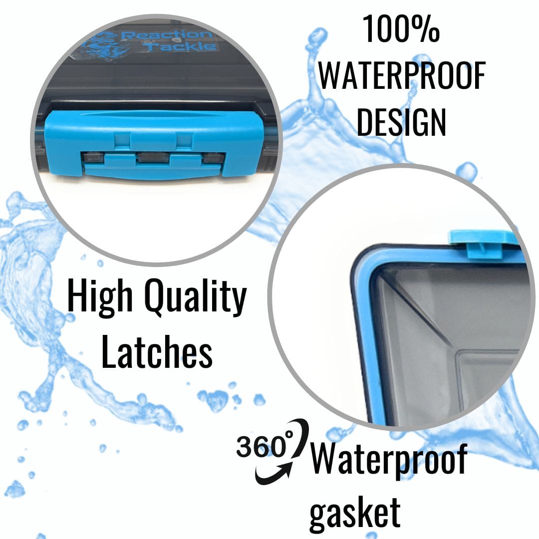Reaction Tackle Premium Tackle Tray featuring waterproof design and three resilient clips for high-performance fishing organization.