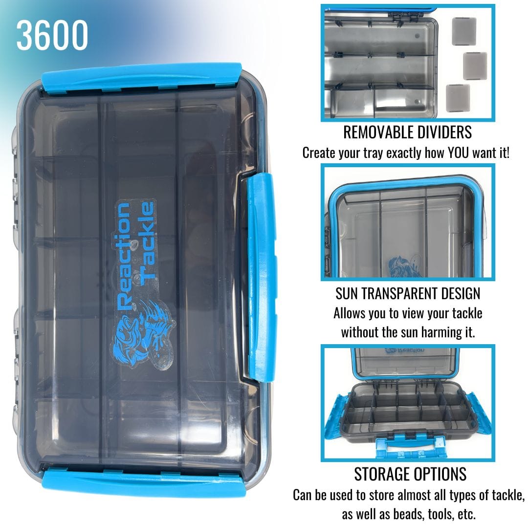 Reaction Tackle Premium Tackle Tray, waterproof and high-performance, with three resilient clips for organizing fishing gear.