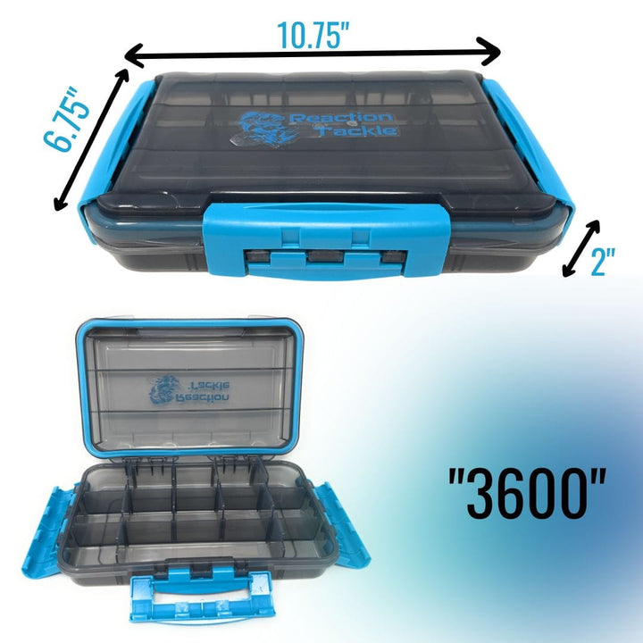 Reaction Tackle Premium Tackle Tray, waterproof and high performance, with 3 resilient clips for fishing gear organization.