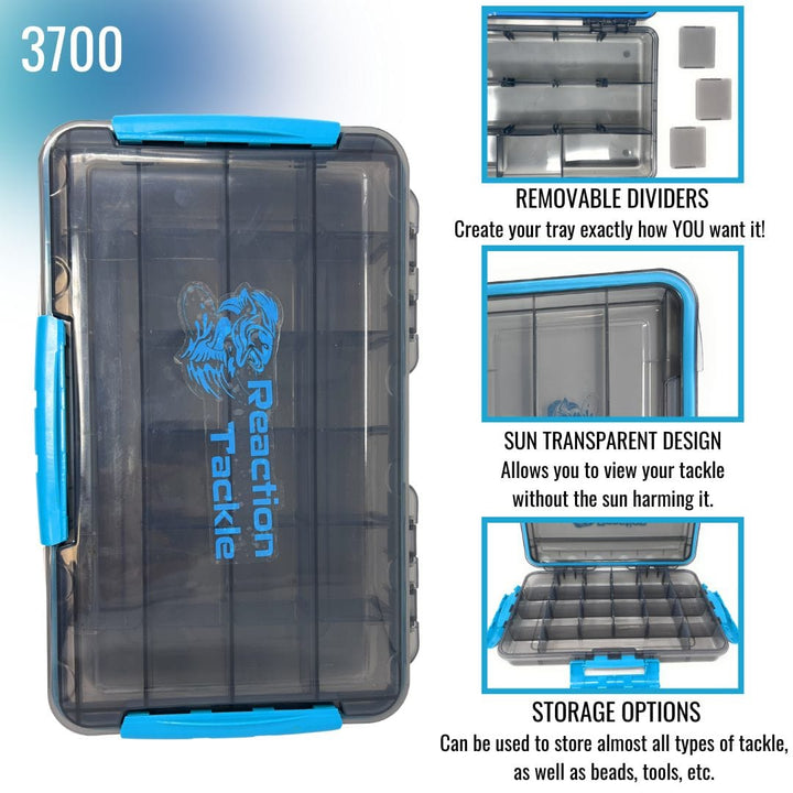 Reaction Tackle Premium Tackle Tray with waterproof design, high performance, and 3 resilient clips for secure storage.