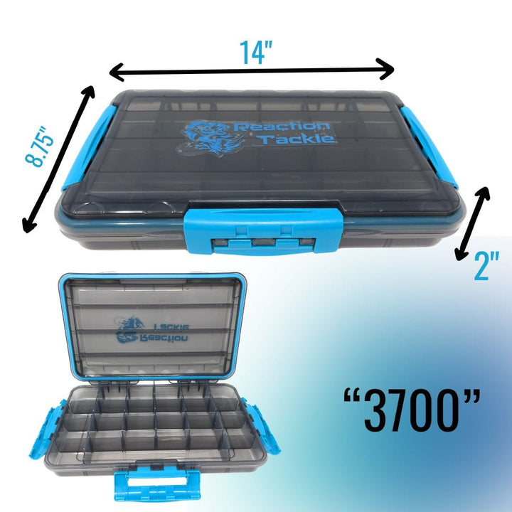 Reaction Tackle Premium Tackle Tray, waterproof with 3 resilient clips, designed for high performance and durability.