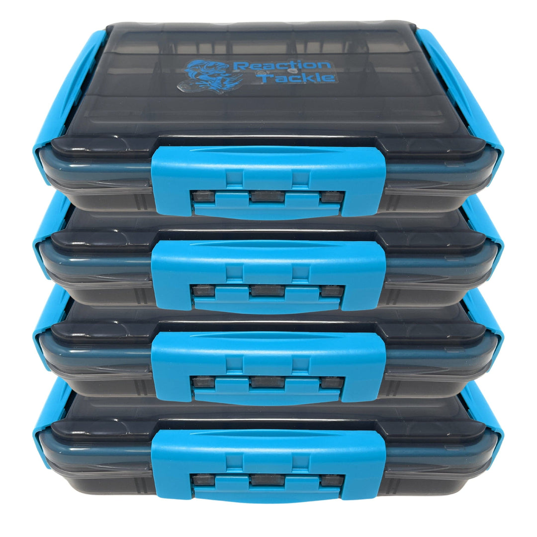 Reaction Tackle Premium Tackle Tray, waterproof and high performance, with 3 resilient clips for secure storage of fishing gear.