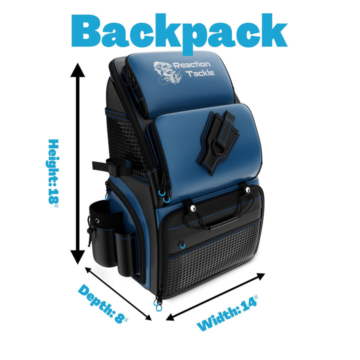Reaction Tackle fishing backpack in black with multiple compartments and adjustable straps, designed for anglers.