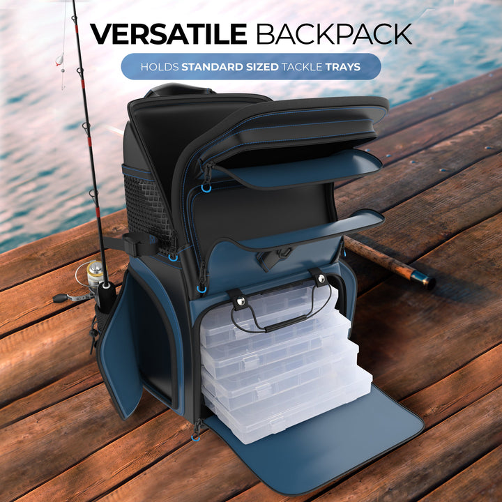 Reaction Tackle fishing backpack bag with multiple compartments, durable design, and adjustable straps for anglers.