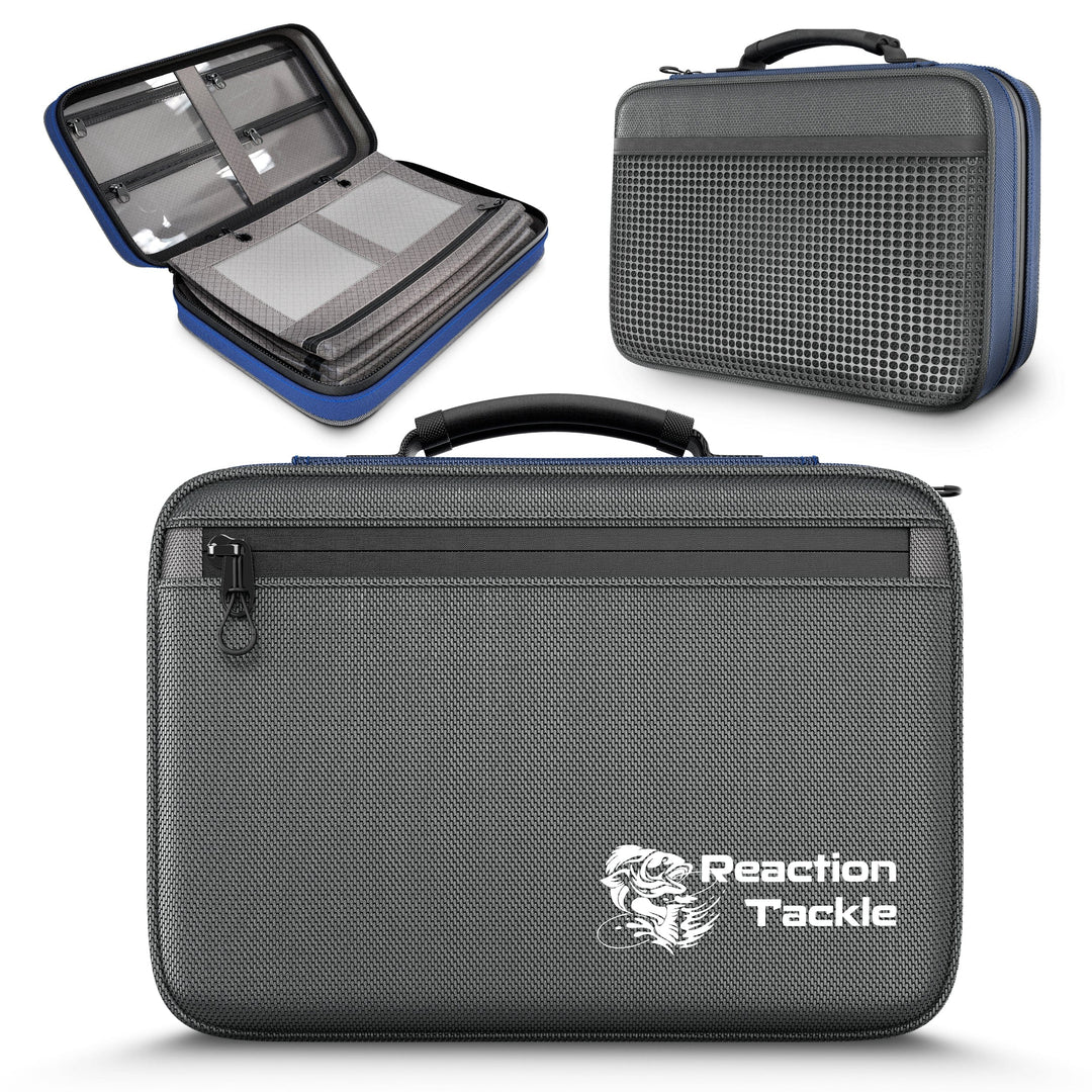 Reaction Tackle Deluxe Bait Binder and Tackle Storage bag with multiple compartments for fishing gear organization.