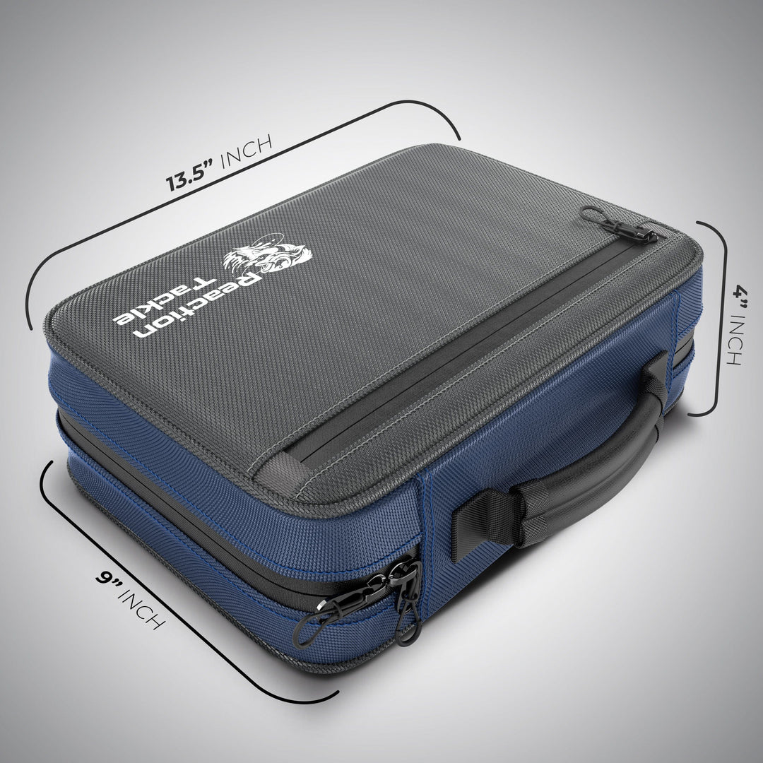 Reaction Tackle Deluxe Bait Binder and Tackle Storage bag with multiple compartments for fishing gear organization.