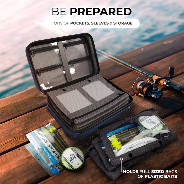 Reaction Tackle Deluxe Bait Binder and Tackle Storage bag with multiple compartments and durable design for fishing gear organization.