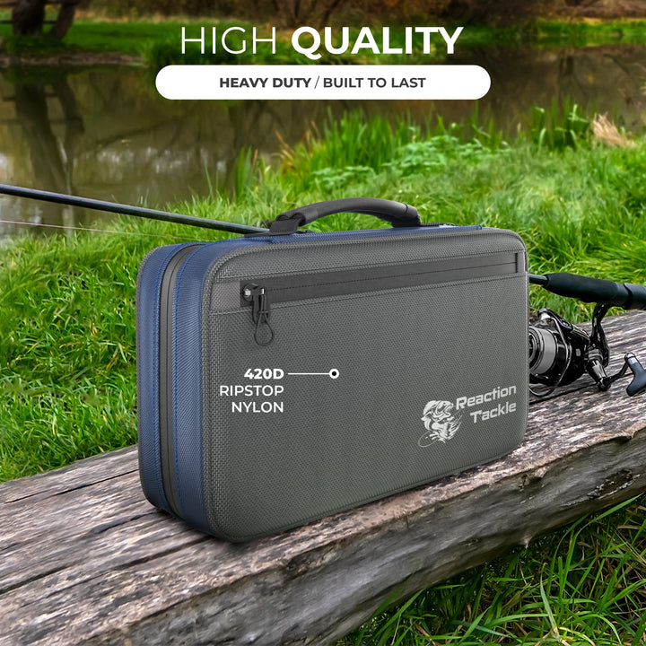Reaction Tackle Deluxe Bait Binder and Tackle Storage bag with multiple compartments for fishing gear organization.