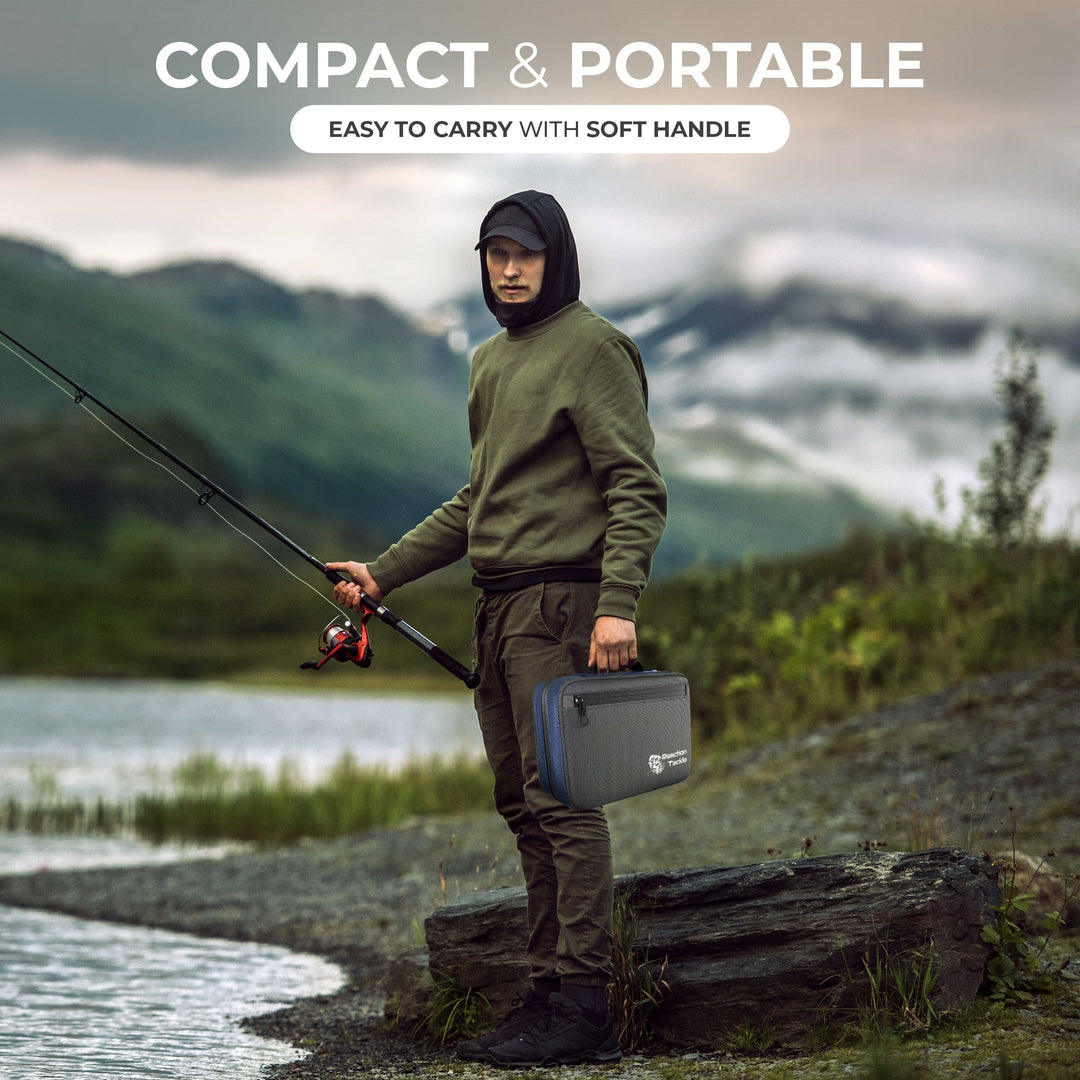 Reaction Tackle Deluxe Bait Binder and Tackle Storage bag with multiple compartments for fishing gear organization.