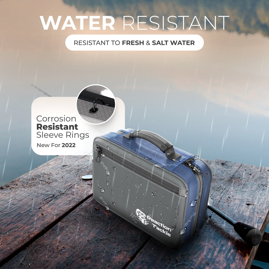 Reaction Tackle Deluxe Bait Binder and Tackle Storage bag showing multiple compartments and durable material for fishing gear organization.