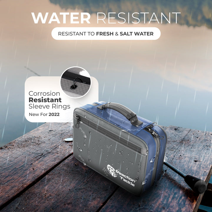 Reaction Tackle Deluxe Bait Binder and Tackle Storage bag showing multiple compartments and durable material for fishing gear organization.