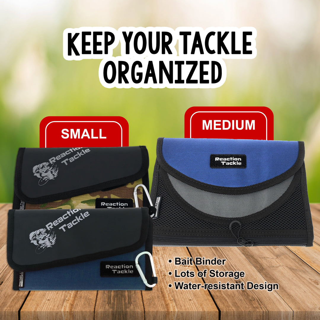 Reaction Tackle Medium Bait Binder bag with adjustable straps and multiple compartments for fishing bait storage.