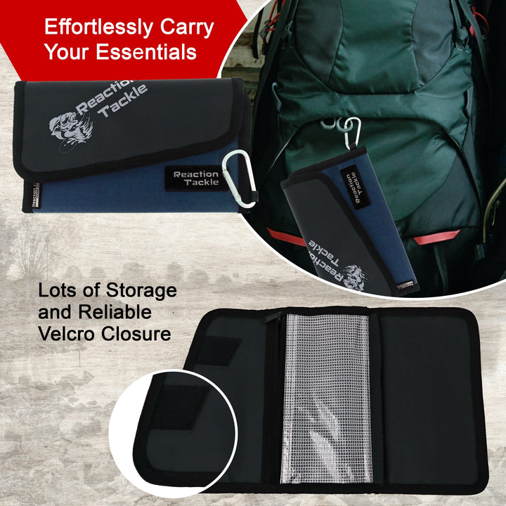 Reaction Tackle Small Bait Binder bag in blue, compact fishing tackle storage bag with multiple compartments for bait organization.