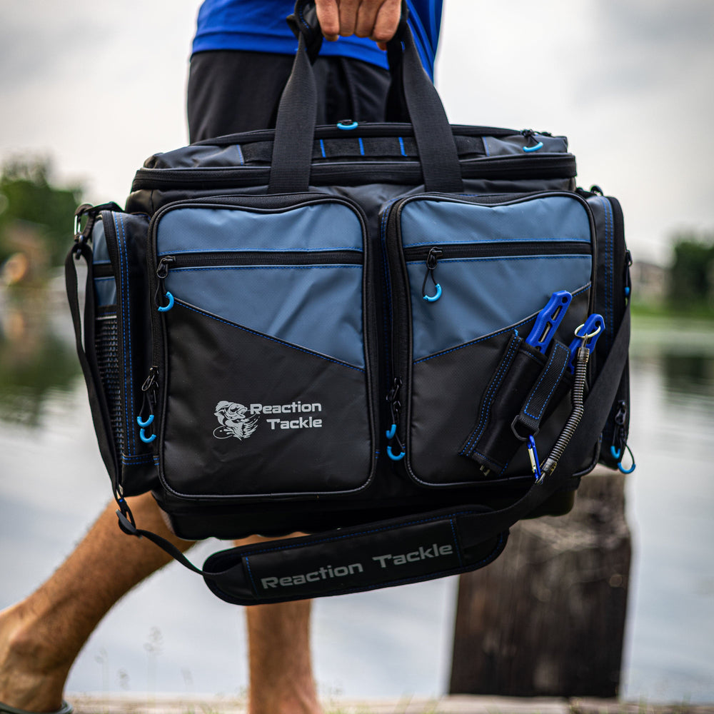 Reaction Tackle fishing tackle bags, small storage bags with multiple compartments for organizing fishing gear and accessories.