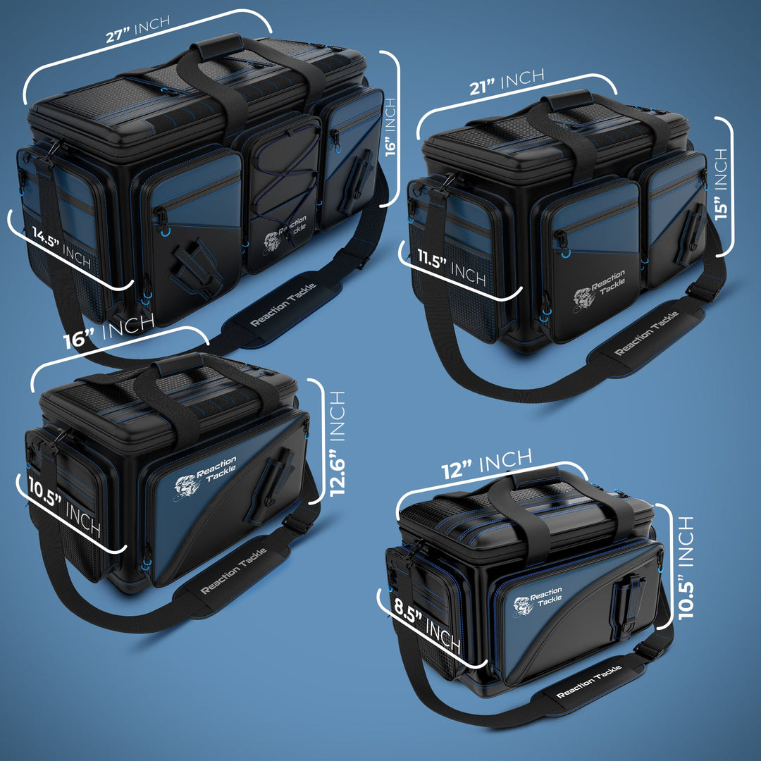 Reaction Tackle fishing tackle bags, small storage bags with multiple compartments, designed for organized fishing gear.