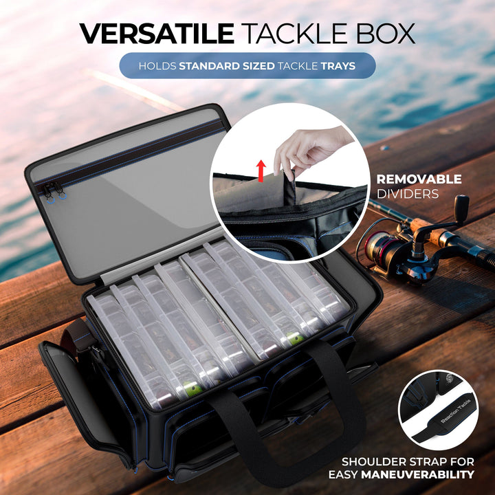 Reaction Tackle fishing tackle bags, small storage bags with multiple compartments for fishing gear organization.
