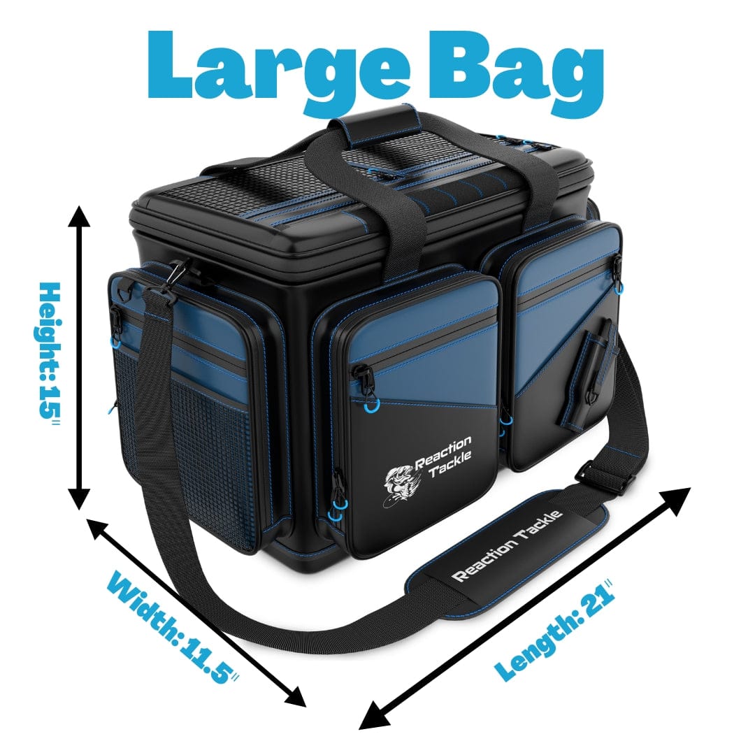 Reaction Tackle fishing tackle bags showing compact, durable storage bags with multiple compartments for fishing gear.