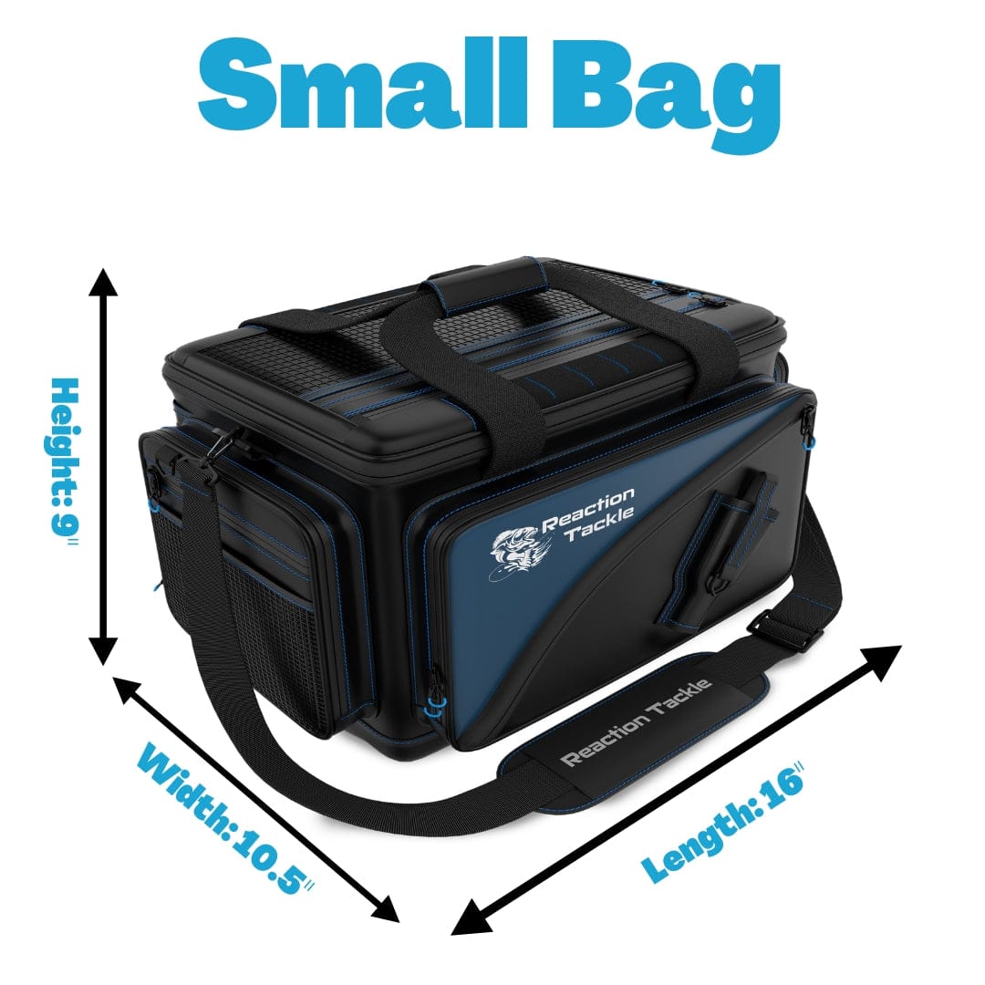Small Reaction Tackle fishing tackle bag with multiple compartments and adjustable straps, designed for organized storage.