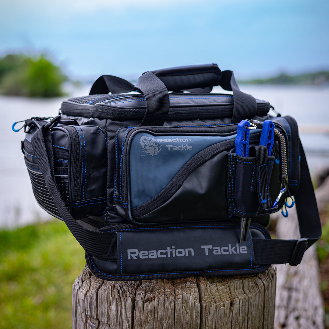 Reaction Tackle fishing tackle bags, small storage bags with multiple compartments for organized fishing gear.