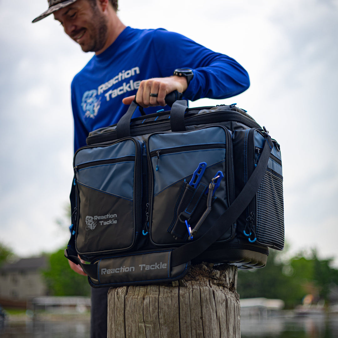 Reaction Tackle fishing tackle bags, small storage bags with multiple compartments, designed for anglers.