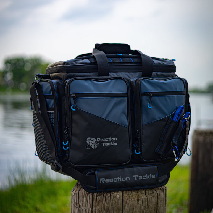 Reaction Tackle fishing tackle bags, small storage bags for fishing gear, with multiple compartments and durable design.