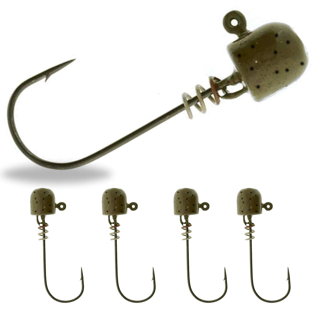 Set of five Reaction Tackle Tungsten Screw Lock Jig Heads for fishing, featuring durable construction and secure screw lock design.