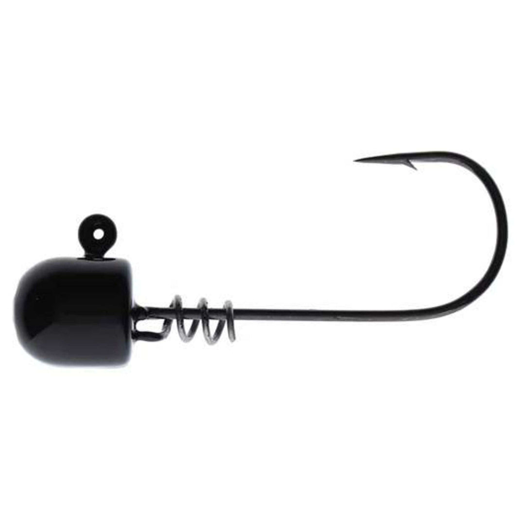 Set of five Reaction Tackle Tungsten Screw Lock Jig Heads in black for fishing, featuring screw lock design and durable tungsten construction.