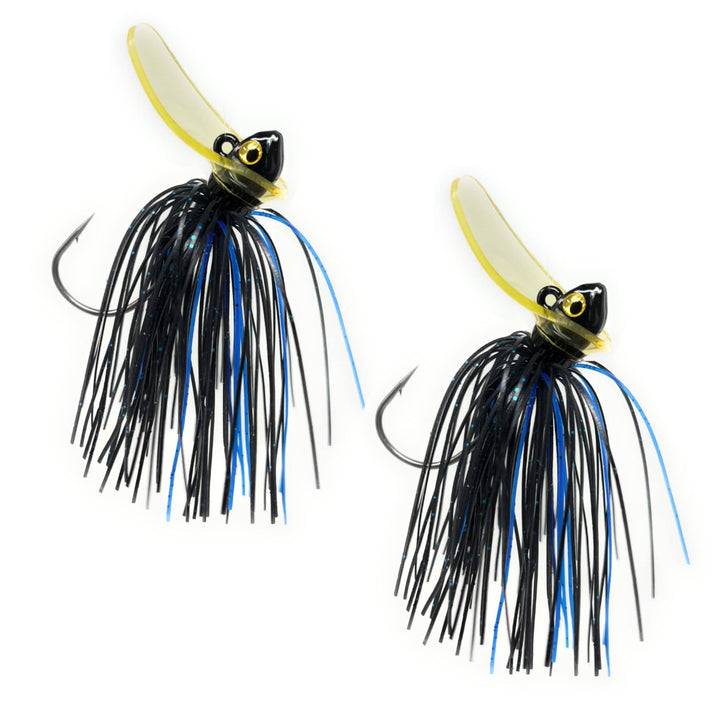 Reaction Tackle Tungsten Scrounger Jigs in black and blue, shown in a 2-pack with close-up of the jigs' detailed design.