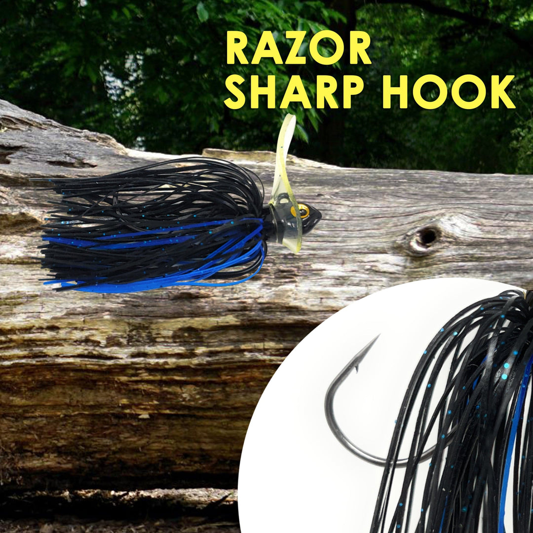 Two Reaction Tackle Tungsten Scrounger Jigs shown in an infographic display, highlighting their design and features for fishing.