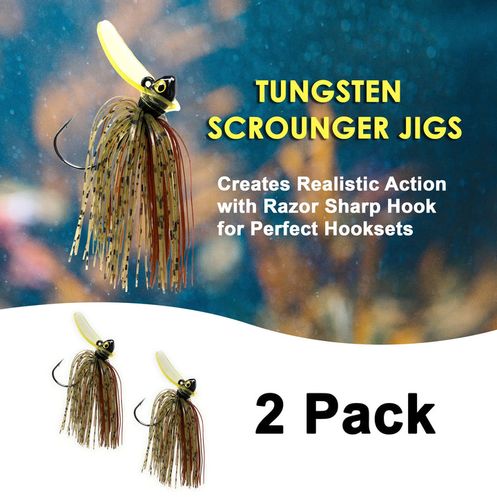 Two Reaction Tackle Tungsten Scrounger Jigs in a 2-pack, showing close-up of the shiny, weighted fishing jigs designed for freshwater fishing.