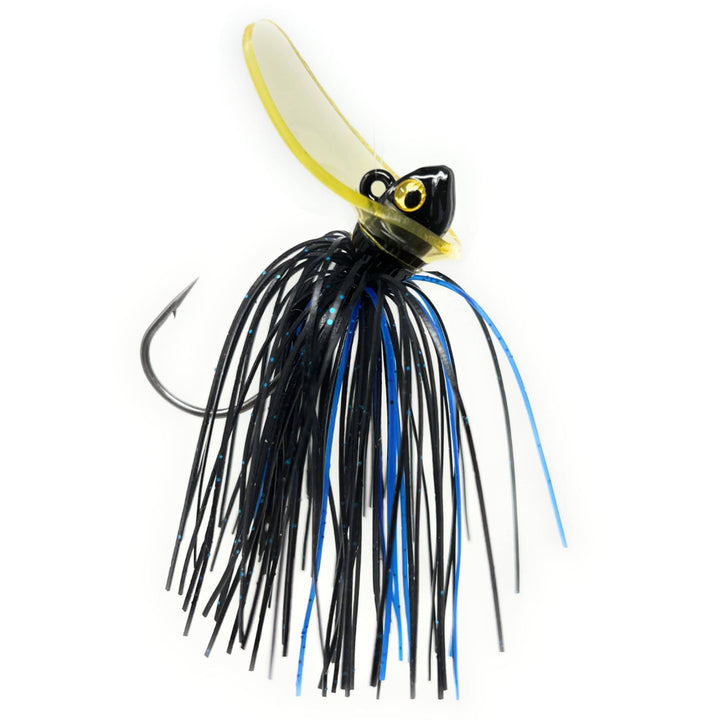Reaction Tackle Tungsten Scrounger Jigs in black and blue, 2-pack, with detailed metal and hook features for fishing.