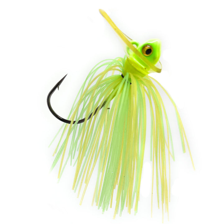 Reaction Tackle Tungsten Scrounger Jigs 2-Pack, close-up of black and chartreuse jigs with realistic baitfish design.