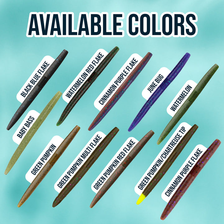 Reaction Tackle 5.5-inch black-blue flake soft plastic wacky worms, 24-pack, ideal for fishing bait and lure setups.