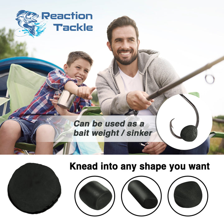 Reaction Tackle Tungsten Putty shown in an infographic, highlighting its use for fishing bait and tackle adjustments.