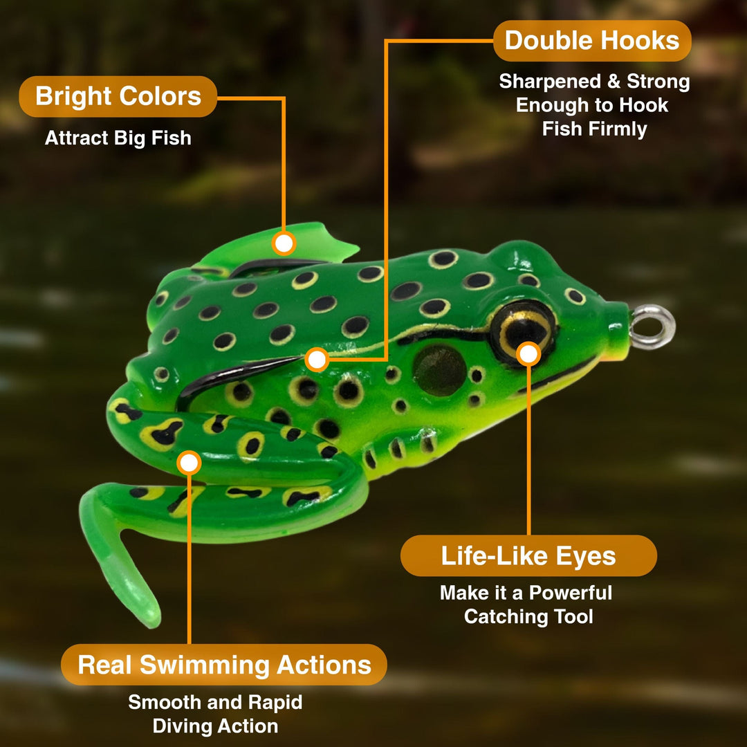 Reaction Tackle 2.25-inch hollow body frogs with swimming legs, black color, ideal for fishing lures, 2-pack.