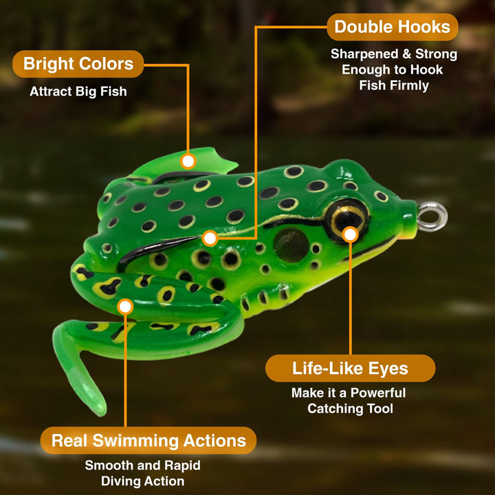 Reaction Tackle 2.25-inch hollow body frogs with swimming legs, black color, ideal for fishing lures, 2-pack.