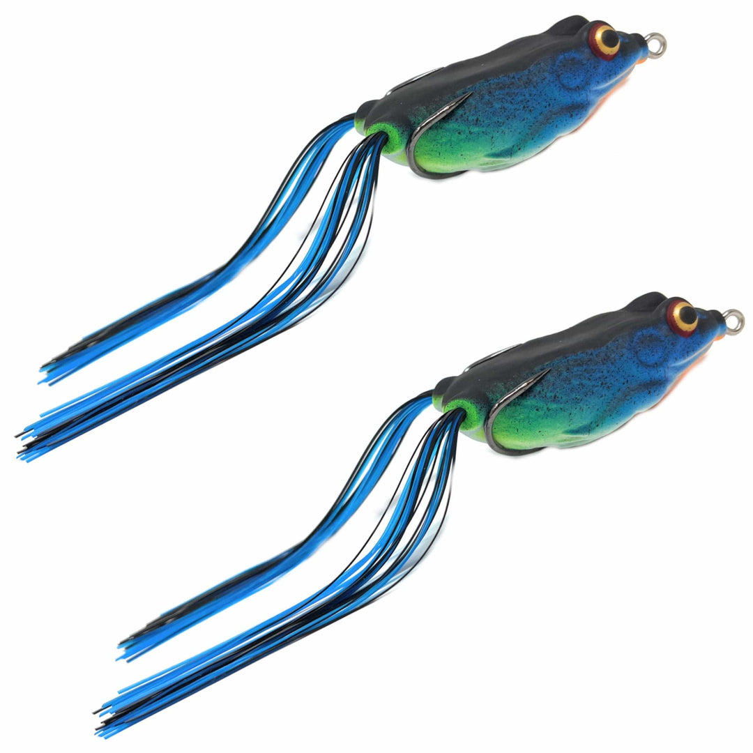 Reaction Tackle 2.5" Hollow Body Frogs in blue, two-pack, designed for fishing, with realistic floating and crawling action.