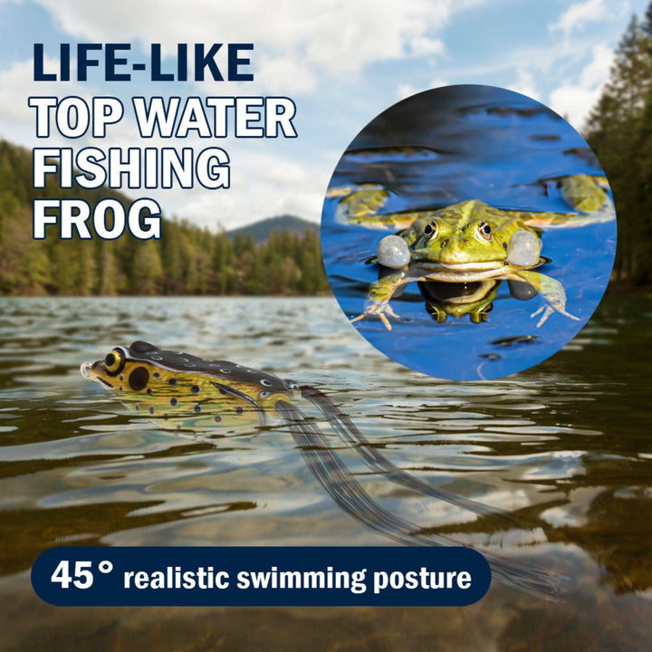 Reaction Tackle 2.5-inch hollow body frogs in a 2-pack, featuring realistic infographics on a fishing lure product image.