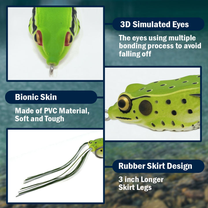 Reaction Tackle 2.5" Hollow Body Frogs 2-Pack, close-up of realistic soft plastic fishing lures with ribbed bodies and detailed eyes.