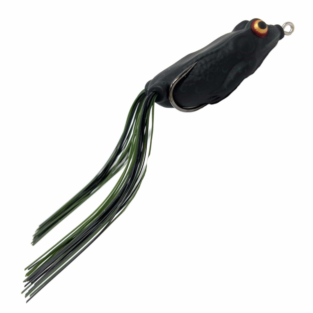 Reaction Tackle 2.5-inch hollow body frogs, black, 2-pack, designed for fishing, featuring realistic details and durable construction.