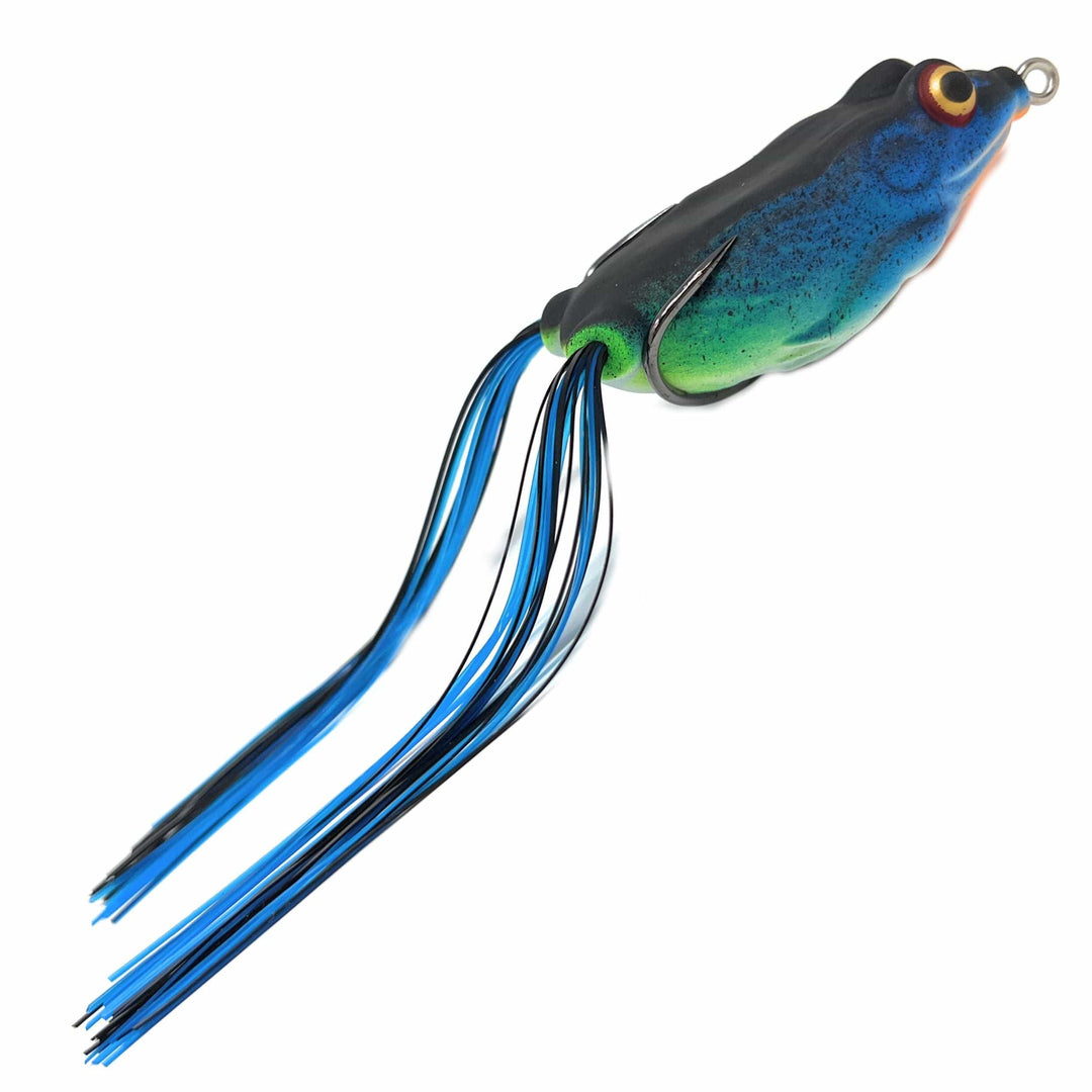 Reaction Tackle 2.5-inch hollow body frogs in blue moon color, 2-pack, designed for bass fishing and freshwater use.