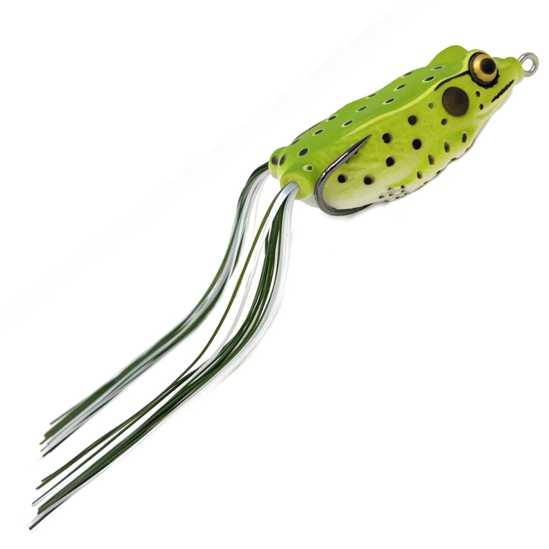 Green Reaction Tackle 2.5" Hollow Body Frogs in a 2-pack, designed for fishing, featuring realistic hollow body and vibrant green color.
