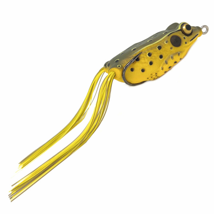 Reaction Tackle 2.5" hollow body frog lures in a 2-pack, designed for freshwater fishing, shown in a swampy environment.